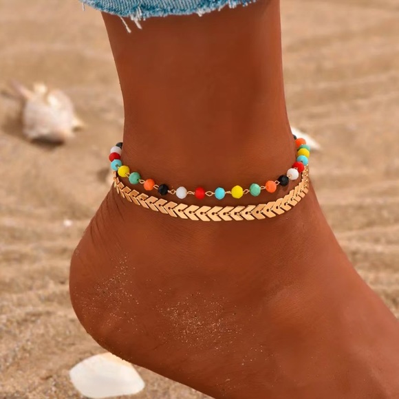 Double Layers Chain Anklet With Colorful Beads| Gold Plated Ankle Bracelet Set - Picture 5 of 5